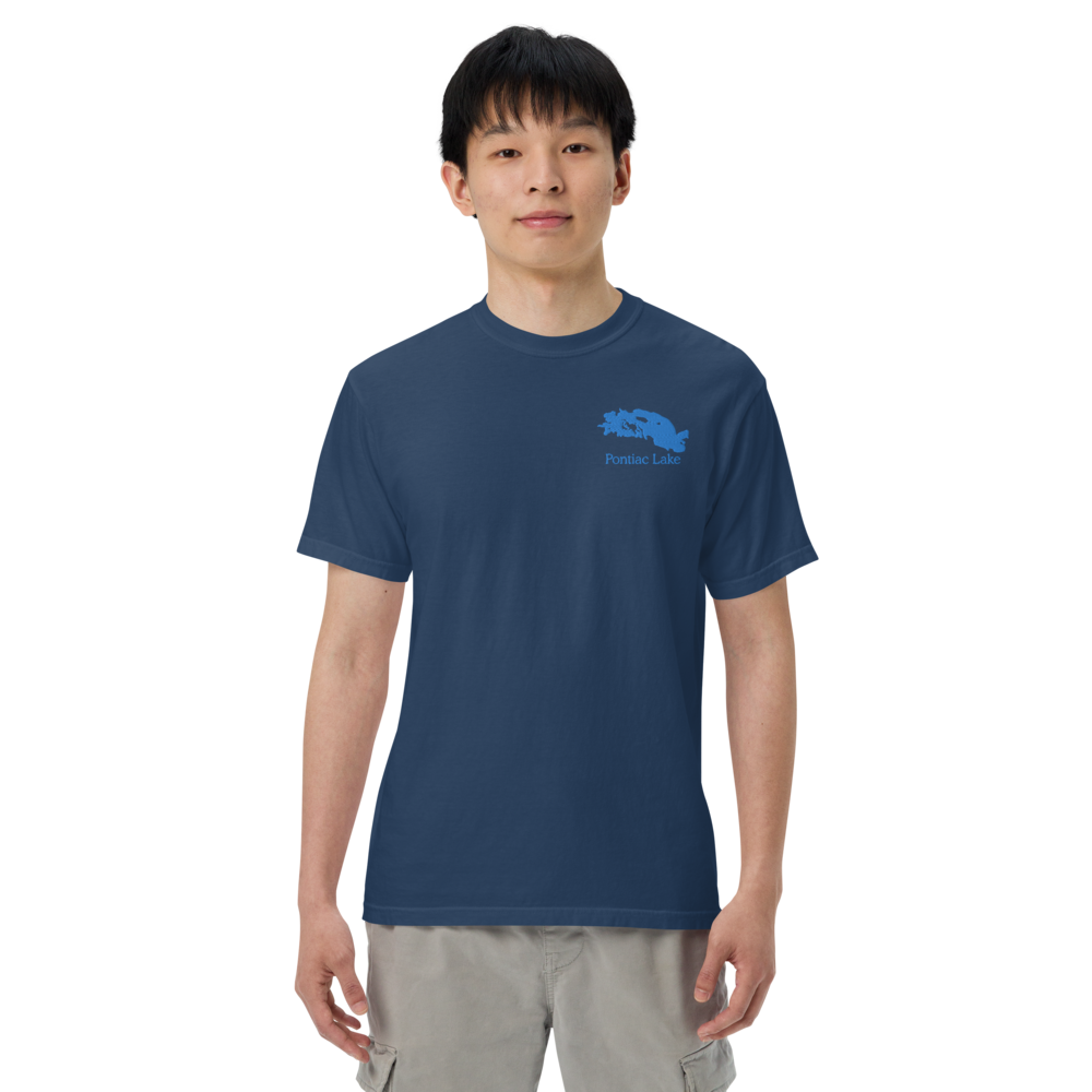 Embroidered Super Premium Unisex T-shirt with Pontiac Lake on front and We Lake You on back