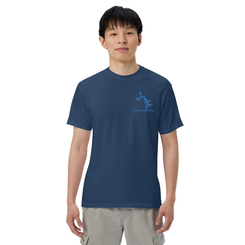 Embroidered Super Premium Unisex T-shirt with Deep Creek Lake on front and We Lake You on back