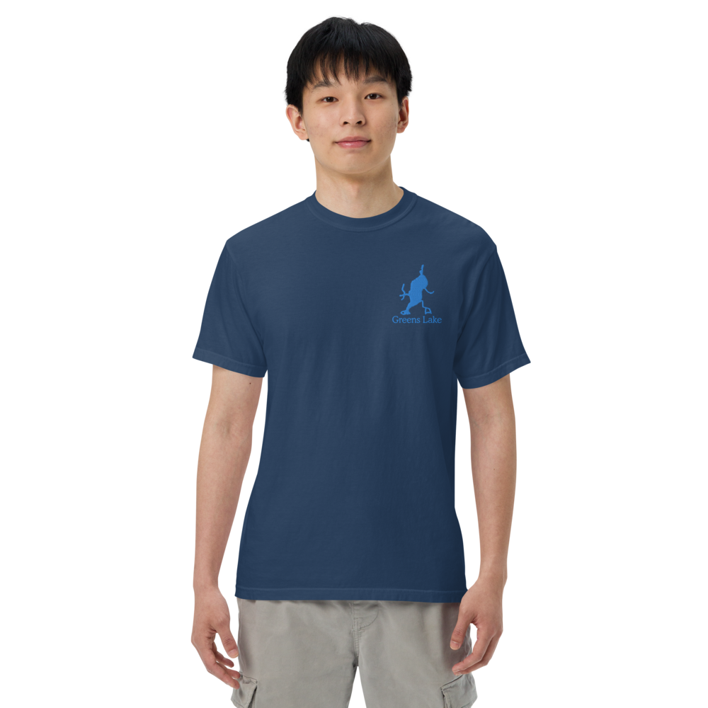 Embroidered Super Premium Unisex T-shirt with Greens Lake on front and We Lake You on back
