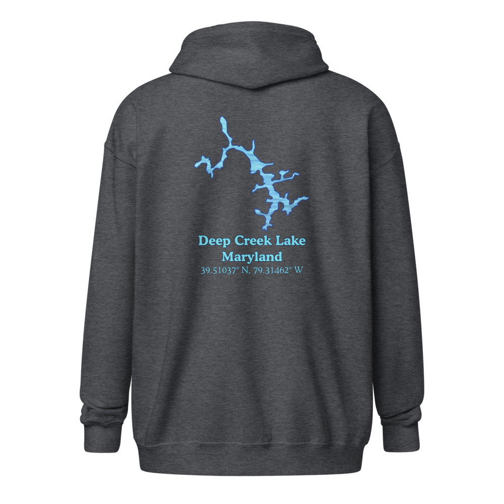 Unisex Zip Hoodie with Deep Creek Lake on back, We Lake You on front