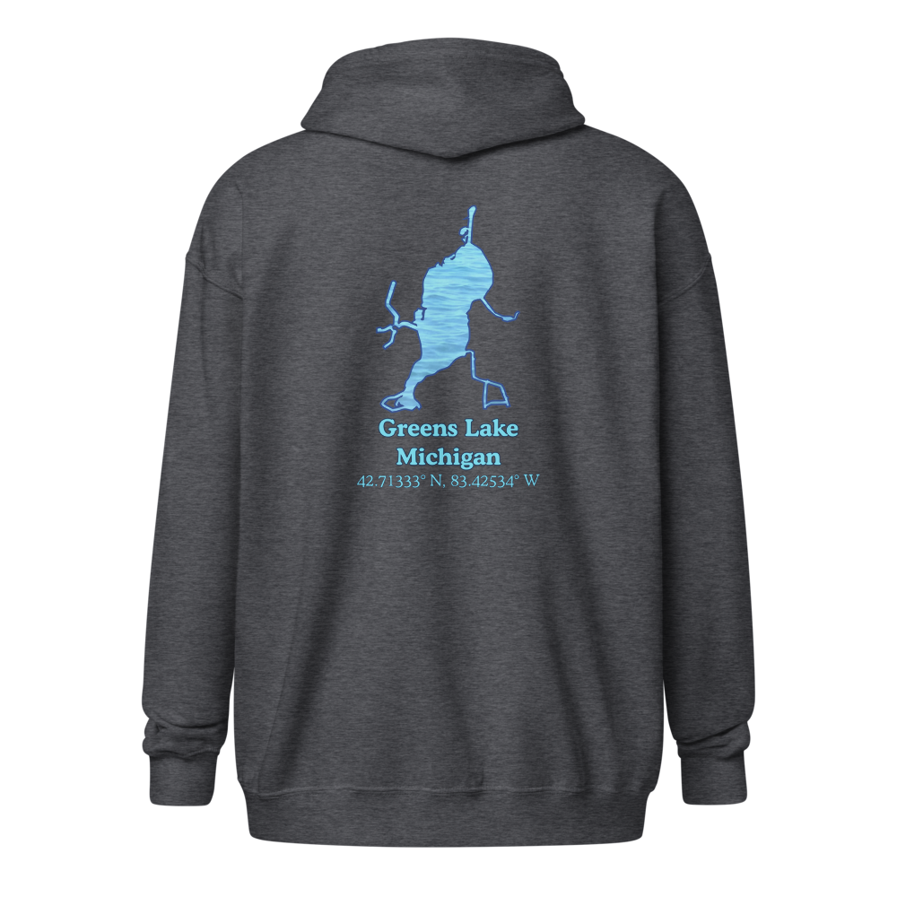 Unisex Zip Hoodie with Greens Lake on back, We Lake You on front