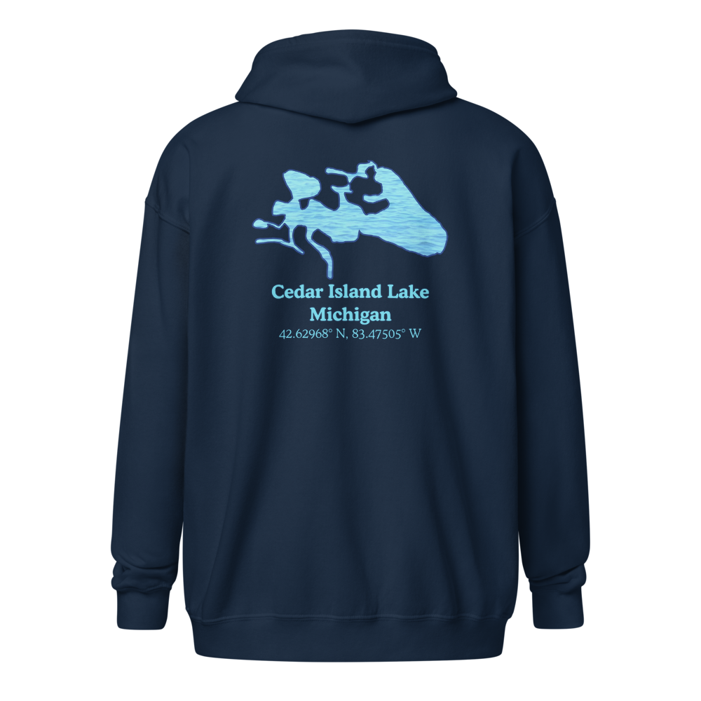 Unisex Zip Hoodie with Cedar Island Lake on back, We Lake You on front