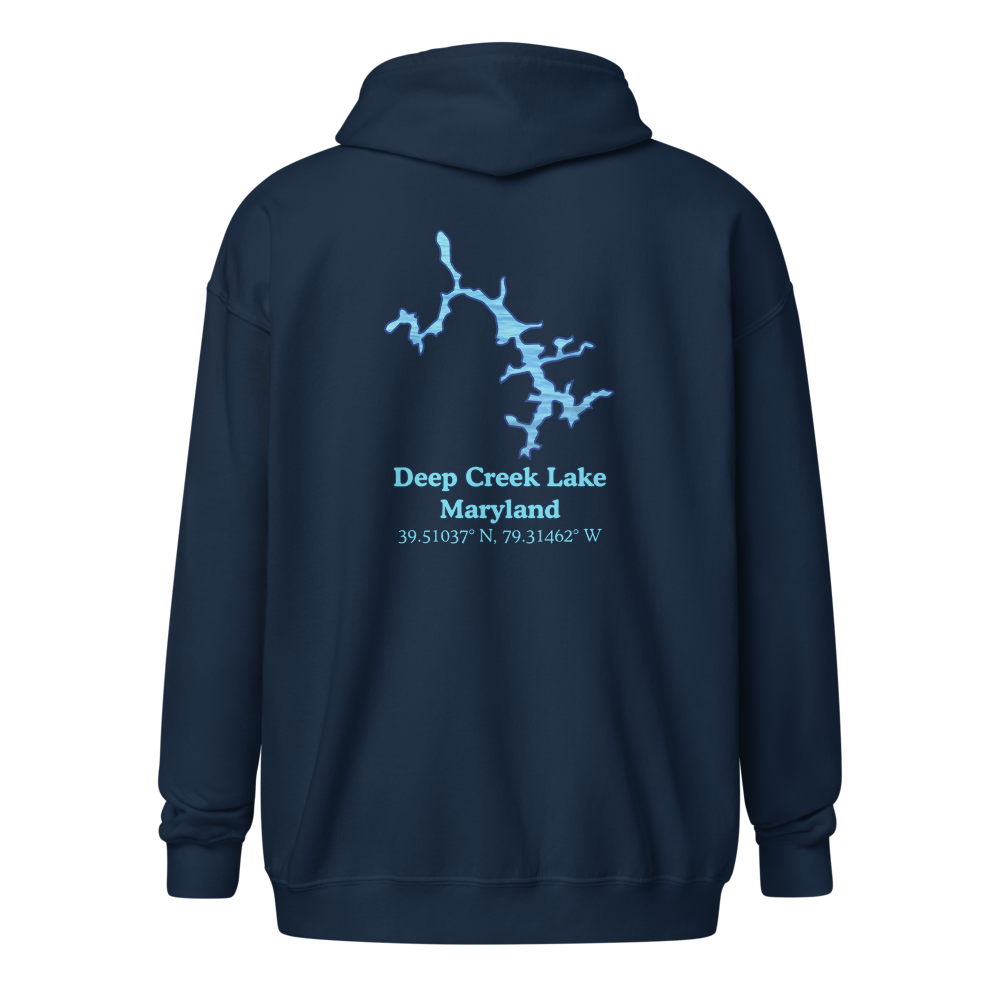 Unisex Zip Hoodie with Deep Creek Lake on back, We Lake You on front