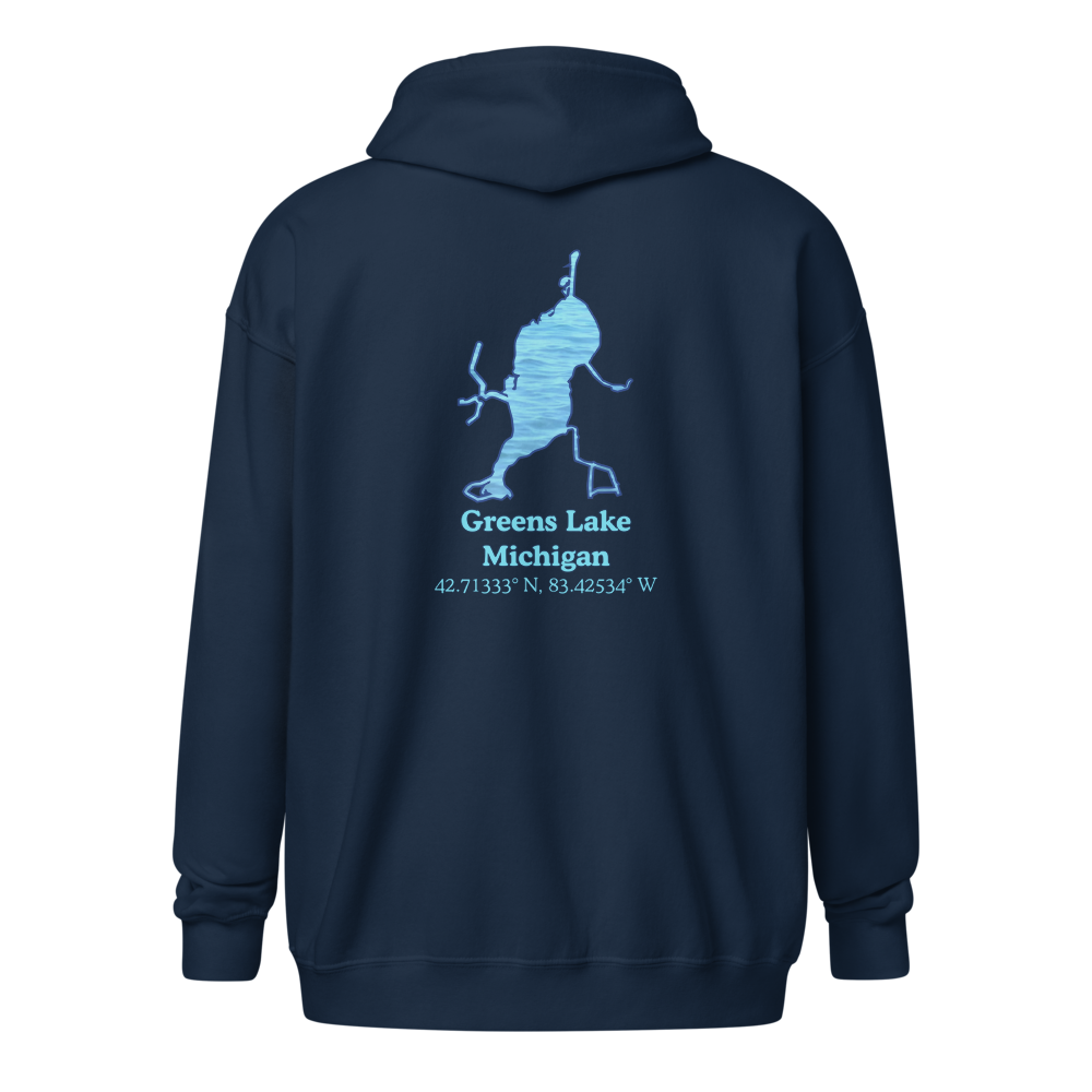 Unisex Zip Hoodie with Greens Lake on back, We Lake You on front