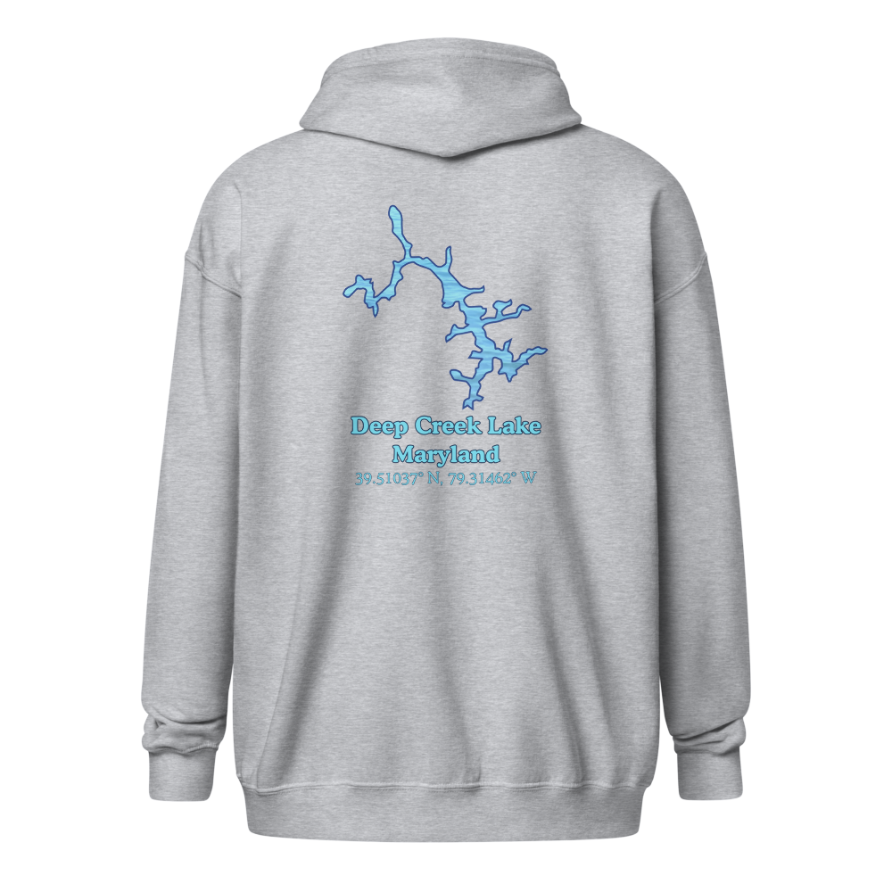 Unisex Zip Hoodie with Deep Creek Lake on back, We Lake You on front