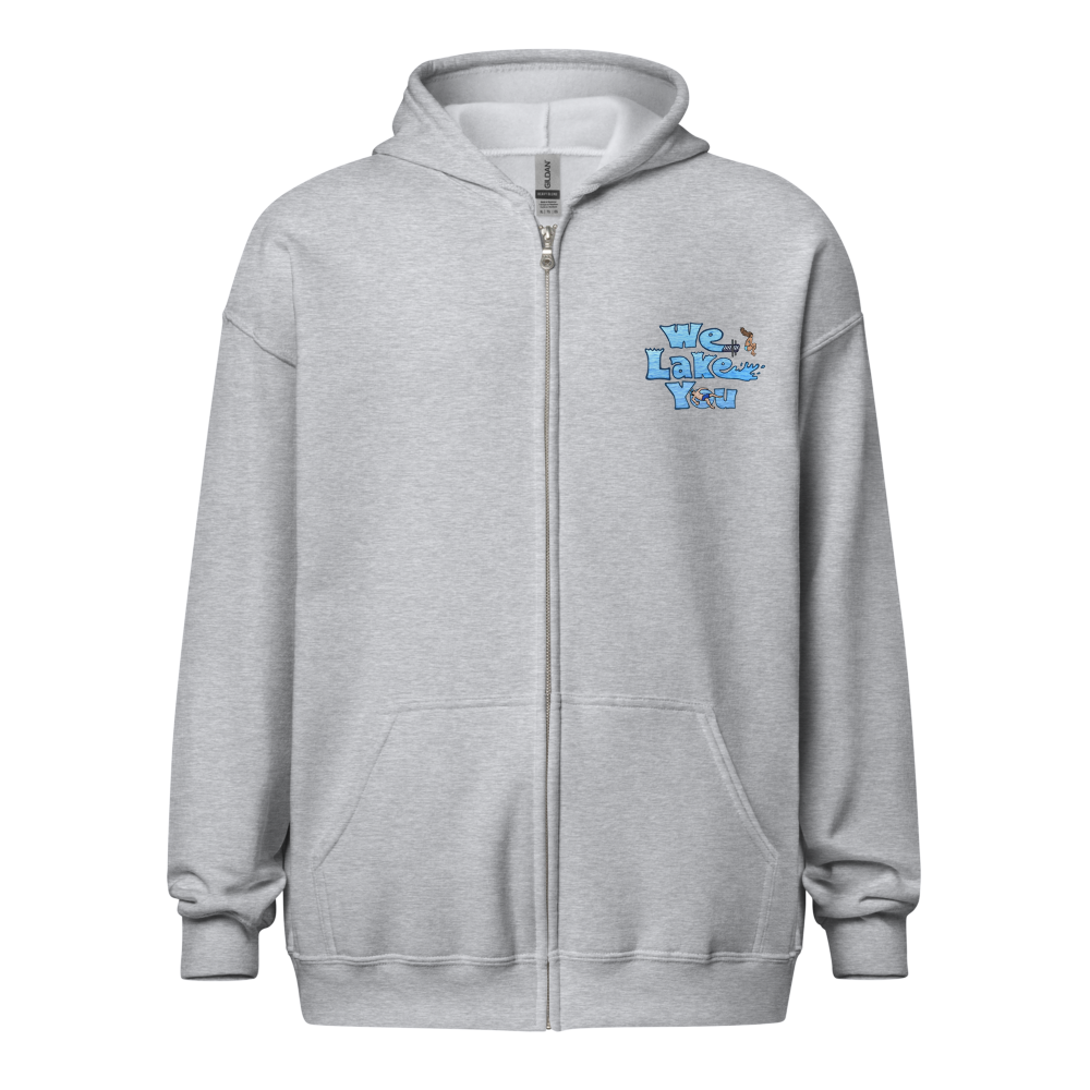 Unisex Zip Hoodie with Lower Straits Lake on back, We Lake You on front