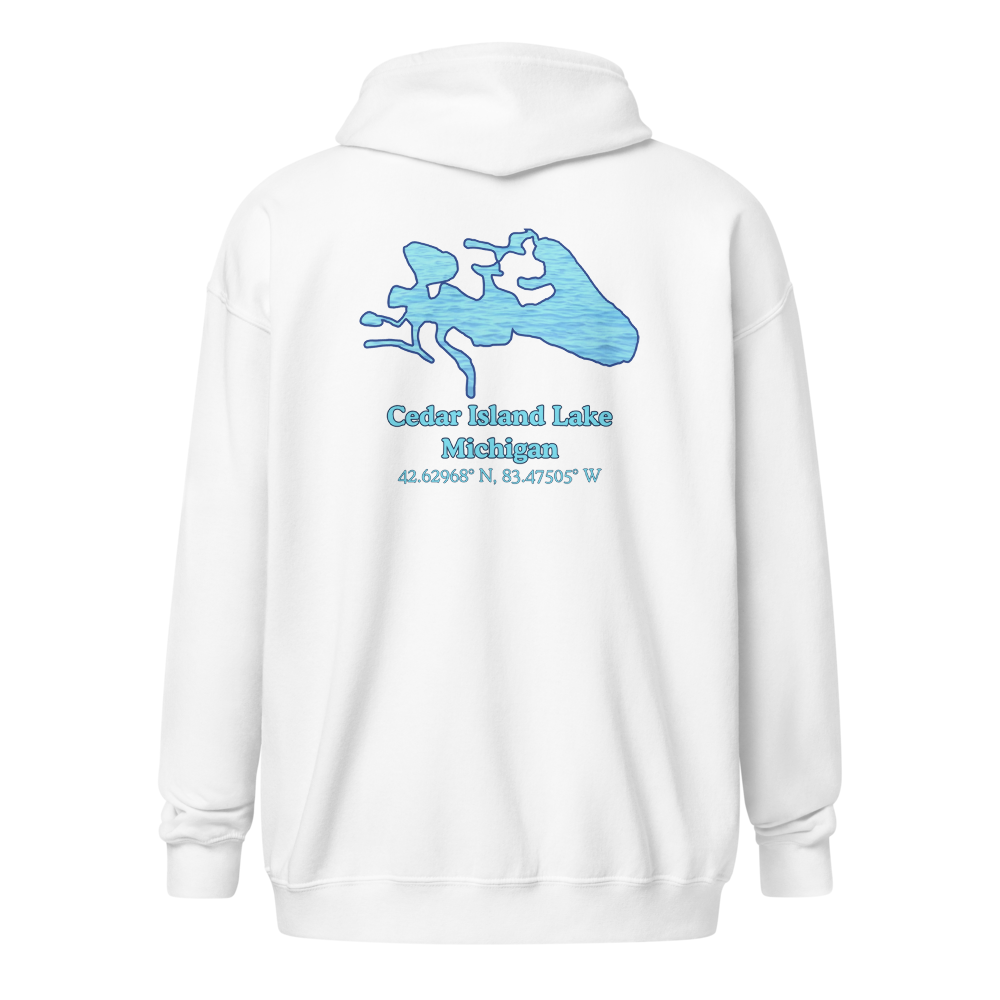 Unisex Zip Hoodie with Cedar Island Lake on back, We Lake You on front