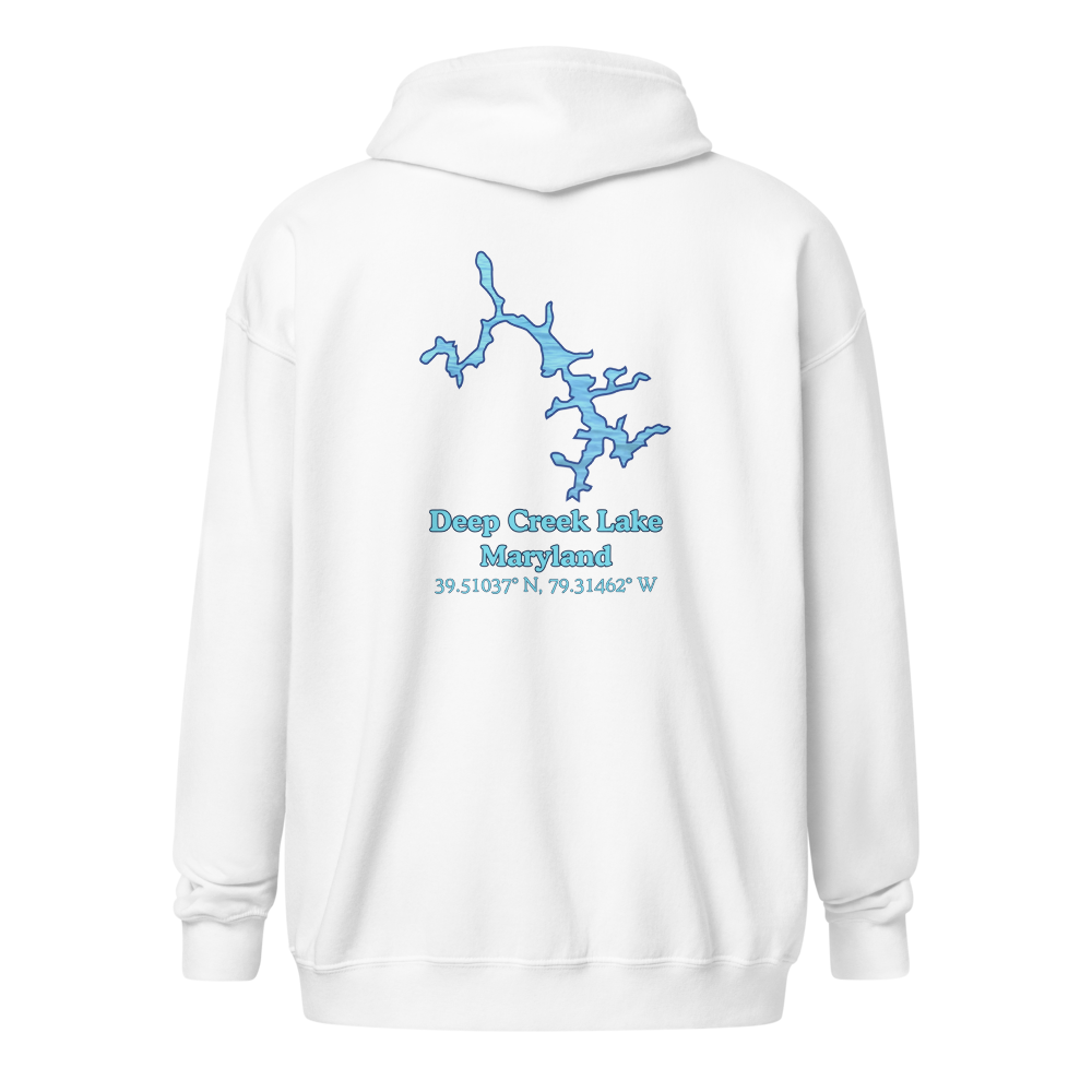 Unisex Zip Hoodie with Deep Creek Lake on back, We Lake You on front