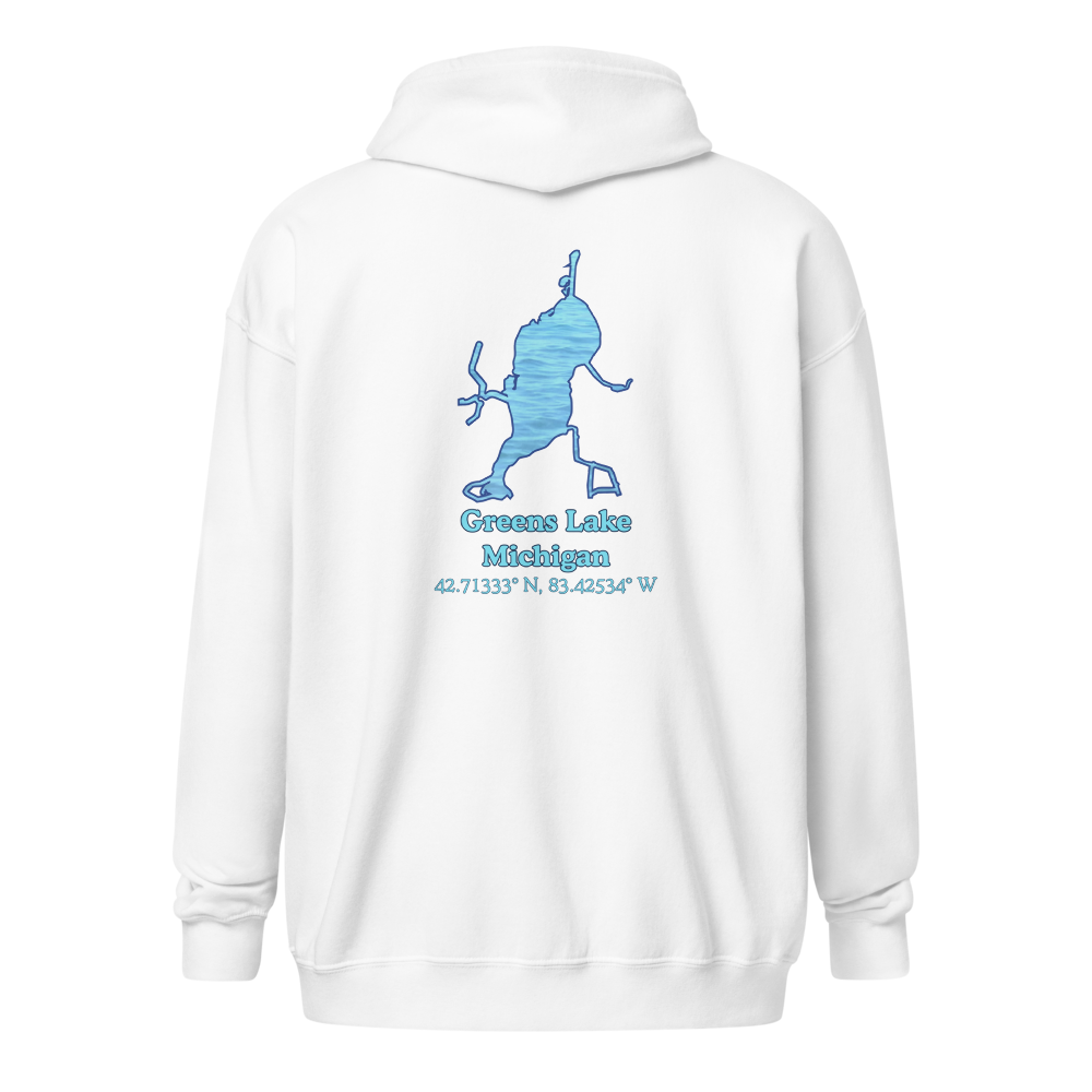Unisex Zip Hoodie with Greens Lake on back, We Lake You on front
