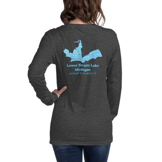 Unisex Long Sleeve T-shirt with Lower Straits Lake on back and We Lake You on front