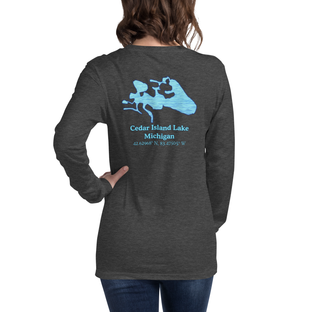 Unisex Long Sleeve T-shirt with Cedar Island Lake on back and We Lake You on front