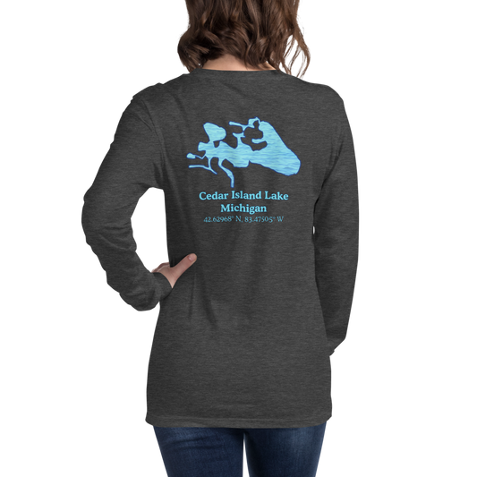 Unisex Long Sleeve T-shirt with Cedar Island Lake on back and We Lake You on front