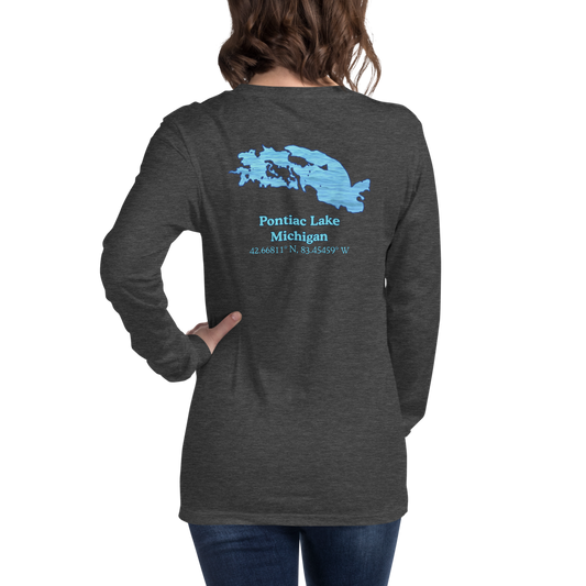 Unisex Long Sleeve T-shirt with Pontiac Lake on back and We Lake You on front