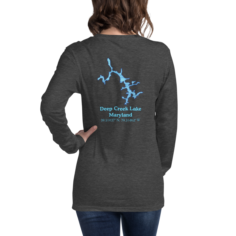 Unisex Long Sleeve T-shirt with Deep Creek Lake on back and We Lake You on front