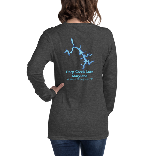 Unisex Long Sleeve T-shirt with Deep Creek Lake on back and We Lake You on front