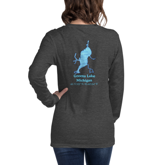 Unisex Long Sleeve T-shirt with Greens Lake on back and We Lake You on front