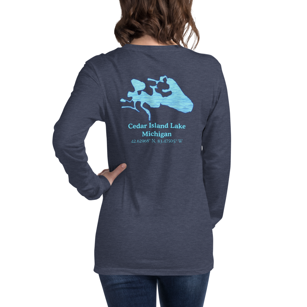 Unisex Long Sleeve T-shirt with Cedar Island Lake on back and We Lake You on front