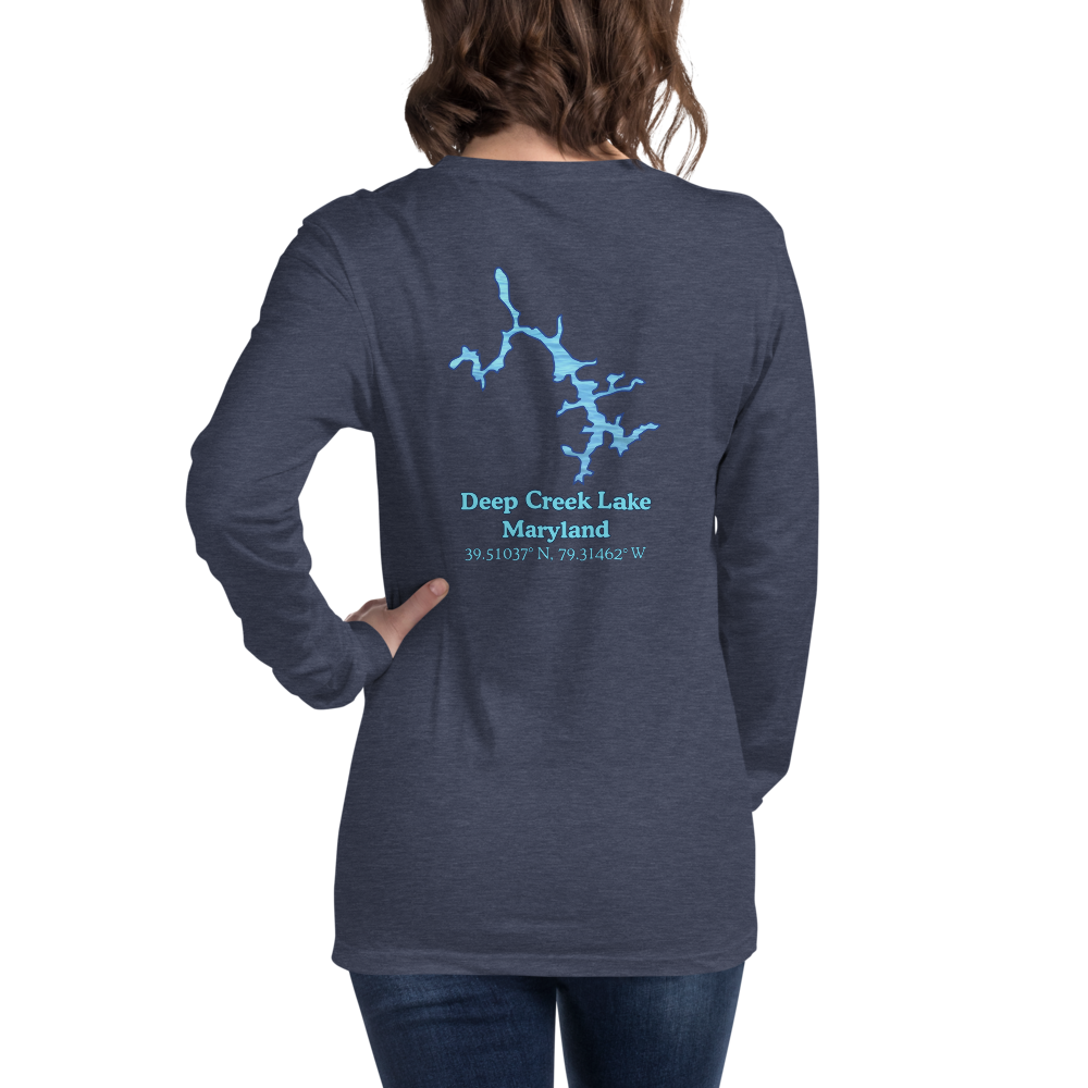 Unisex Long Sleeve T-shirt with Deep Creek Lake on back and We Lake You on front
