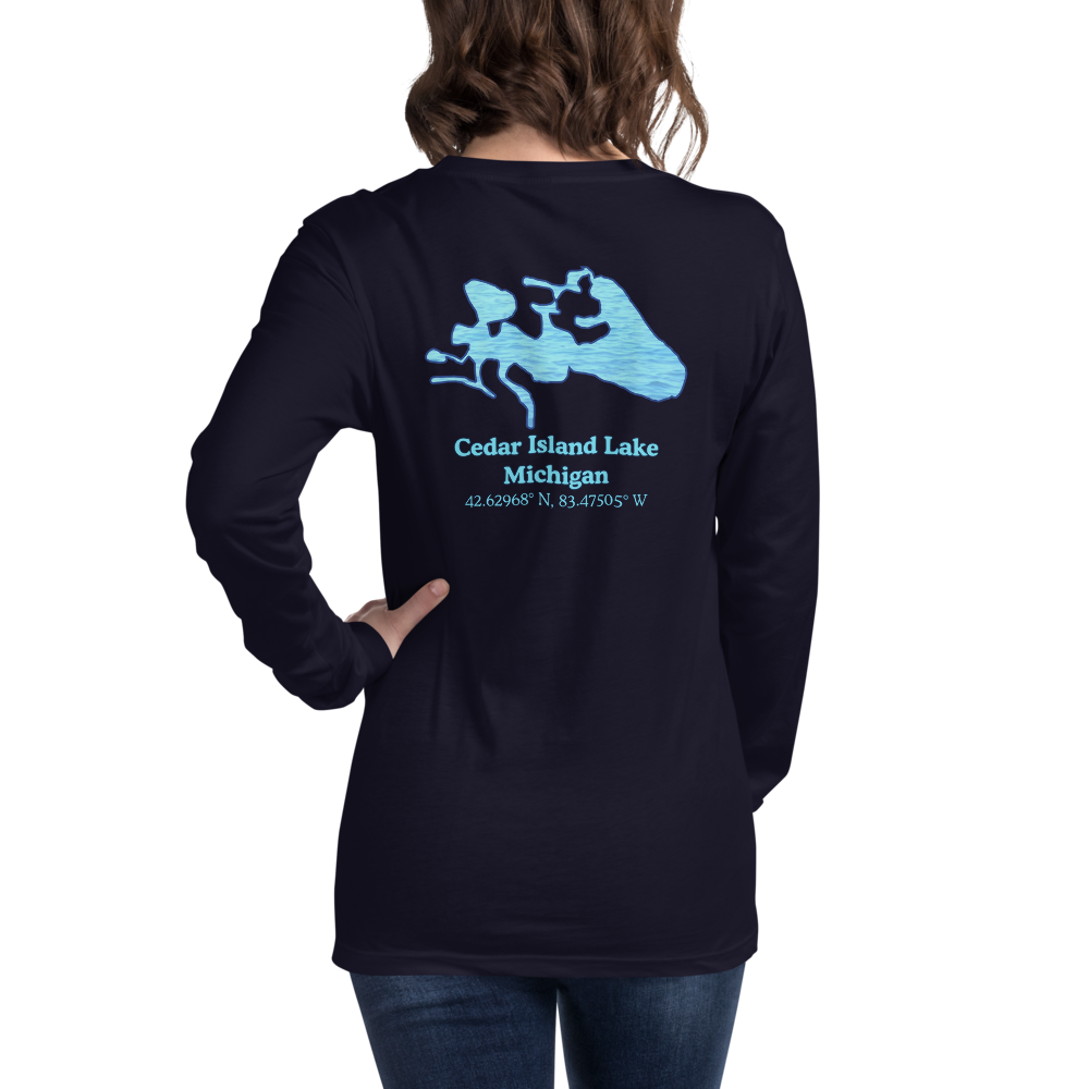 Unisex Long Sleeve T-shirt with Cedar Island Lake on back and We Lake You on front