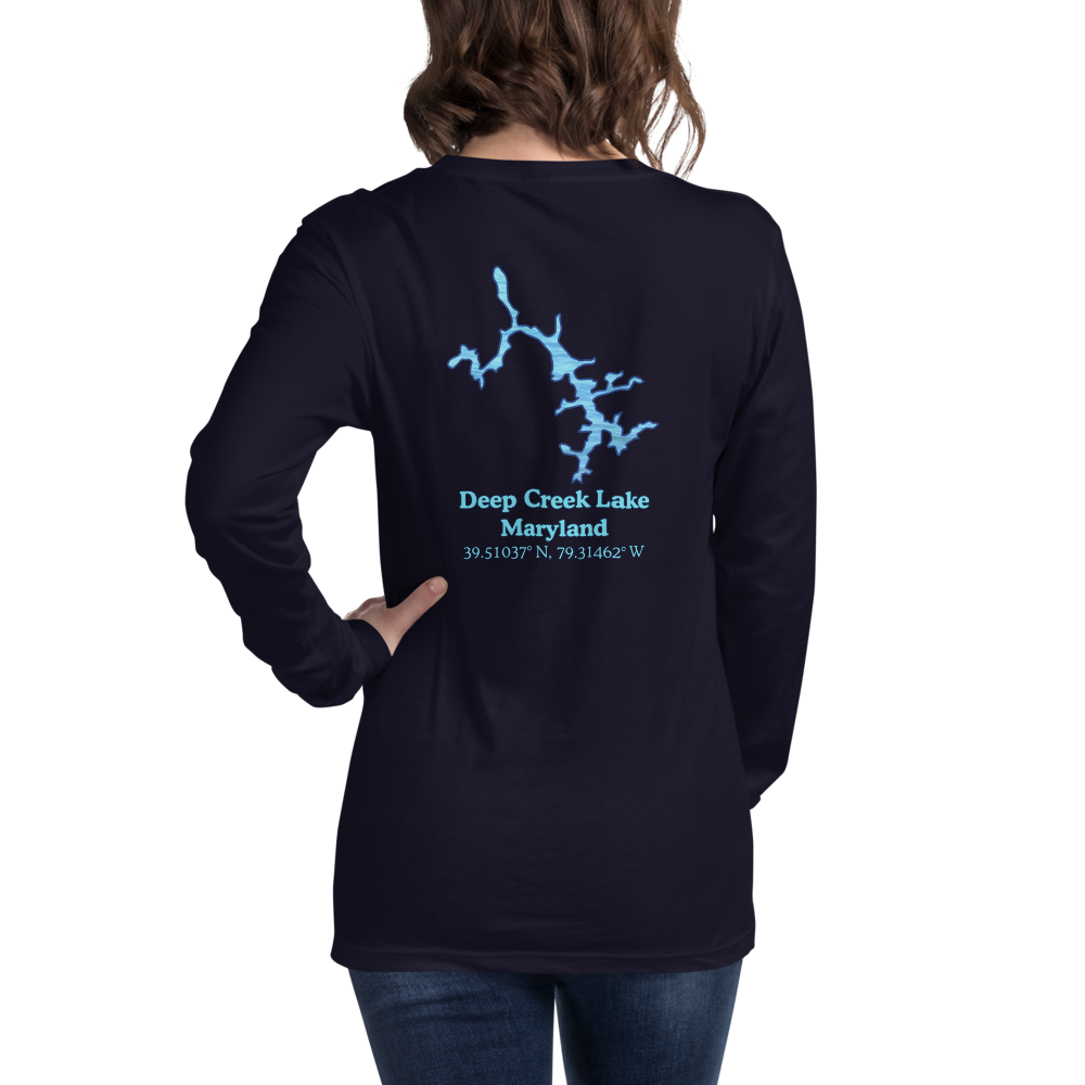 Unisex Long Sleeve T-shirt with Deep Creek Lake on back and We Lake You on front