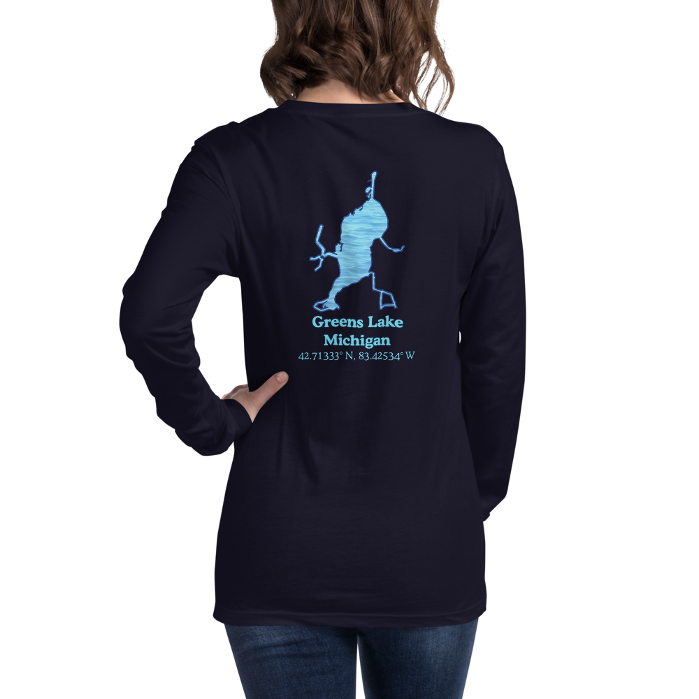 Unisex Long Sleeve T-shirt with Greens Lake on back and We Lake You on front