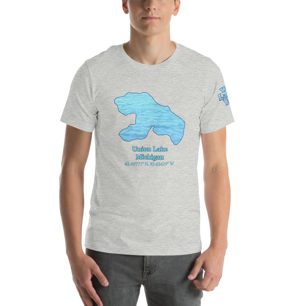 Premium Unisex T-shirt with Union Lake on front and We Lake You on sleeve