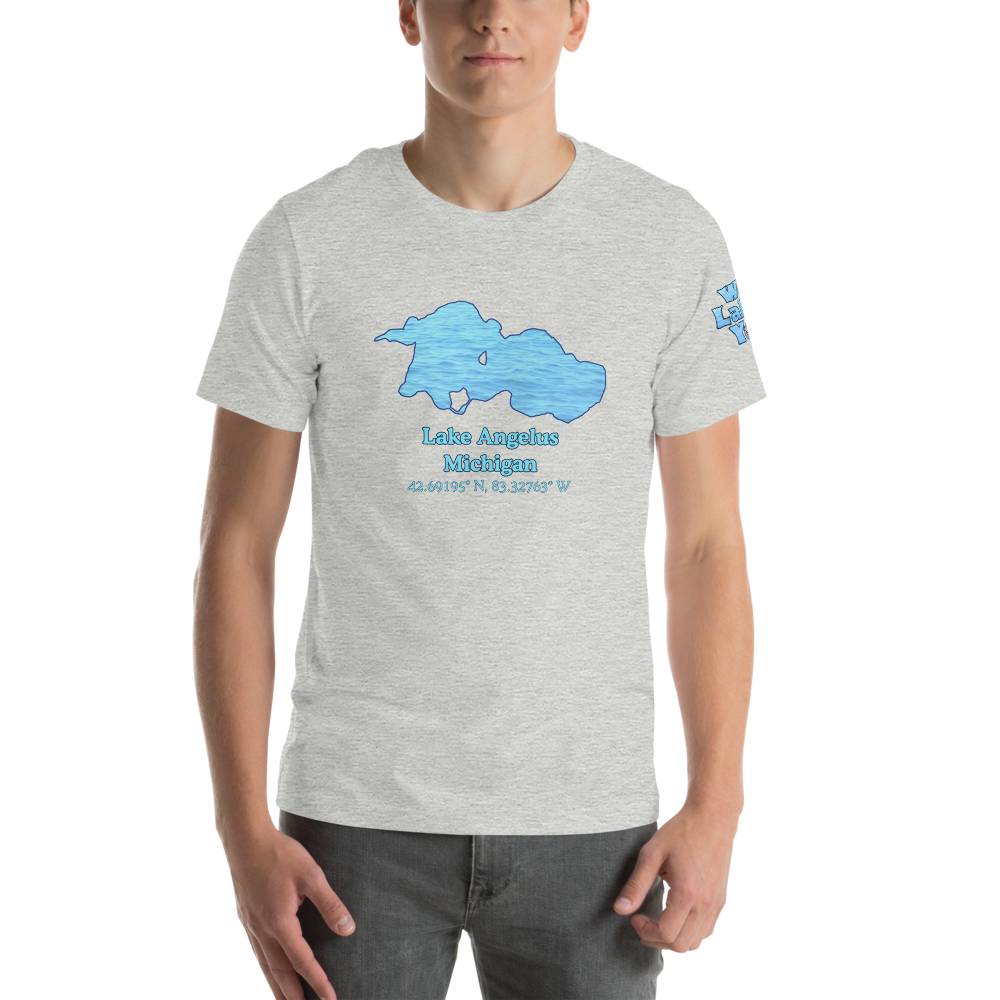 Premium Unisex T-shirt with Lake Angelus on front and We Lake You on sleeve