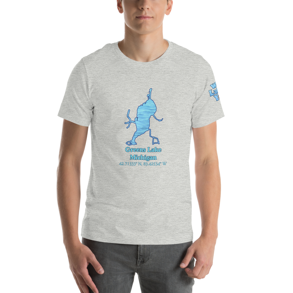 Premium Unisex T-shirt with Greens Lake on front and We Lake You on sleeve