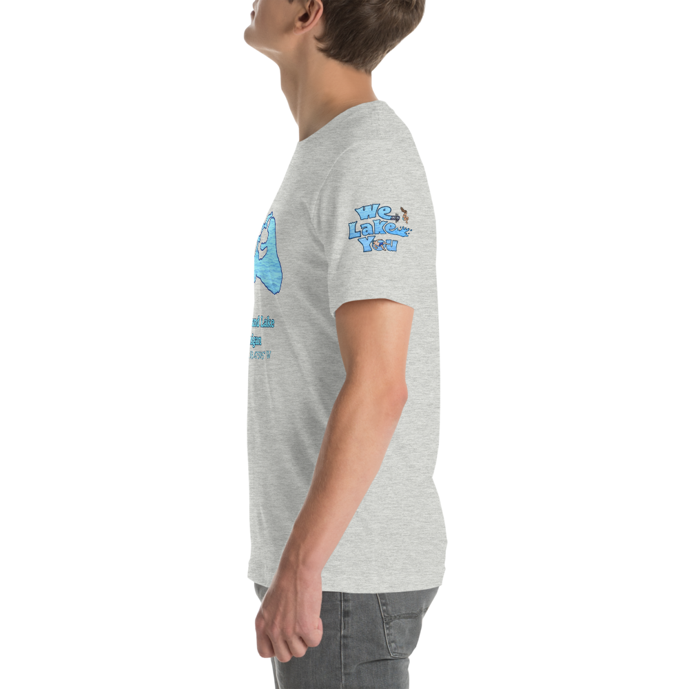 Premium Unisex T-shirt with Cedar Island Lake on front and We Lake You on sleeve