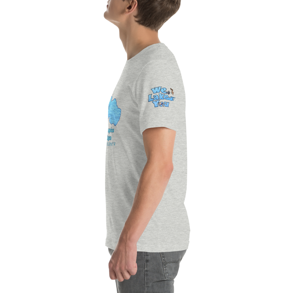 Premium Unisex T-shirt with Lake Angelus on front and We Lake You on sleeve