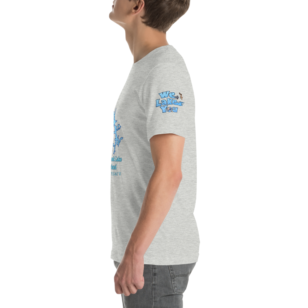 Premium Unisex T-shirt with Deep Creek Lake on front and We Lake You on sleeve