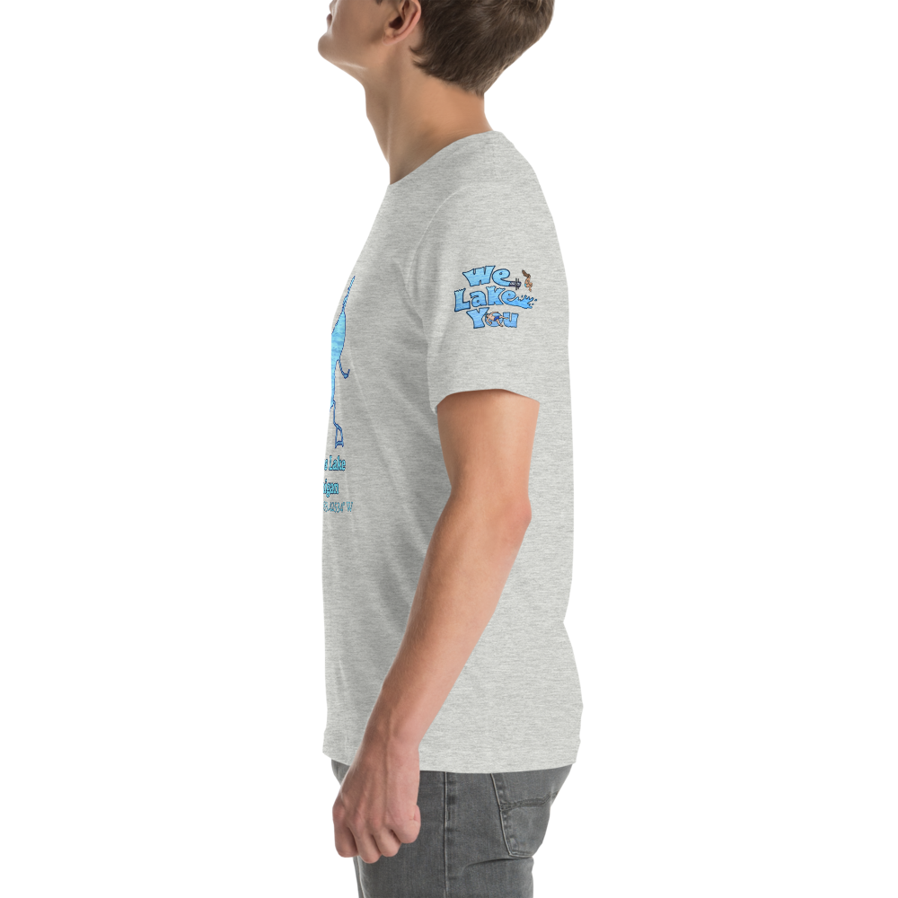 Premium Unisex T-shirt with Greens Lake on front and We Lake You on sleeve