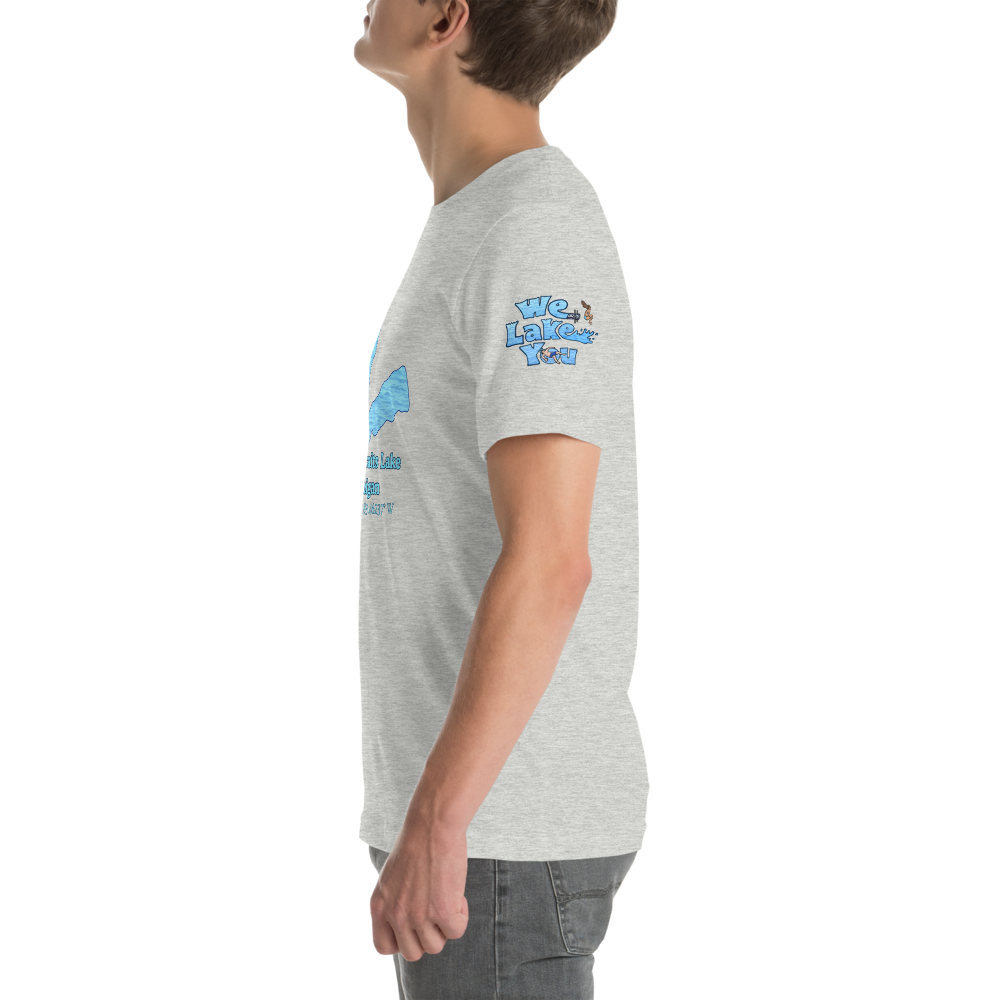 Premium Unisex T-shirt with Lower Straits Lake on front and We Lake You on sleeve