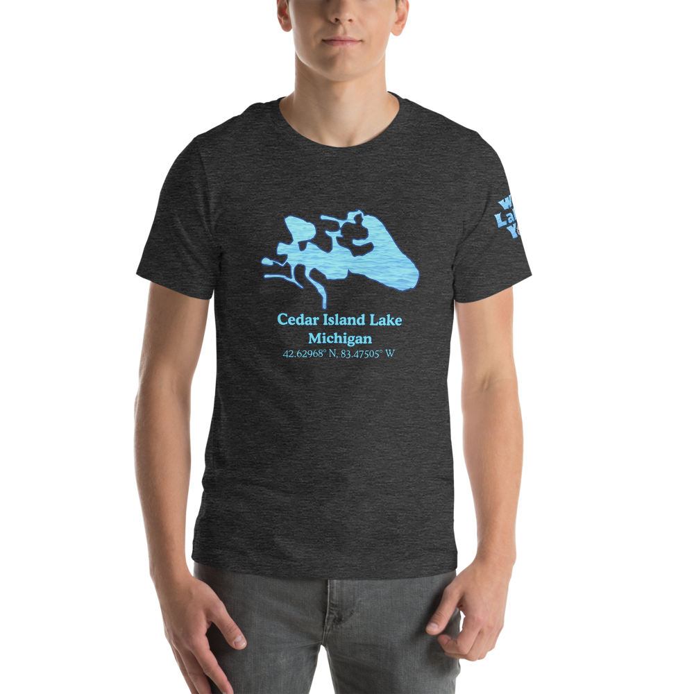 Premium Unisex T-shirt with Cedar Island Lake on front and We Lake You on sleeve