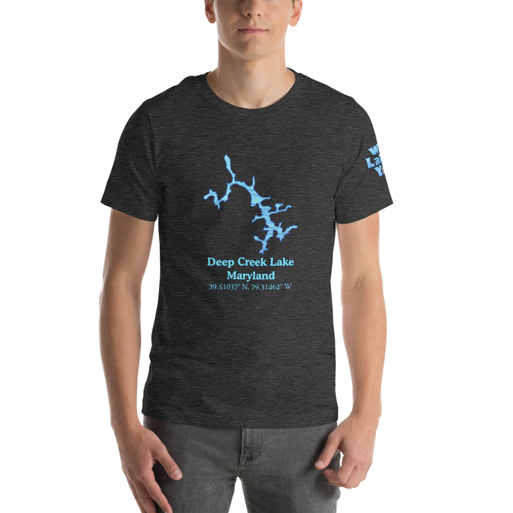 Premium Unisex T-shirt with Deep Creek Lake on front and We Lake You on sleeve