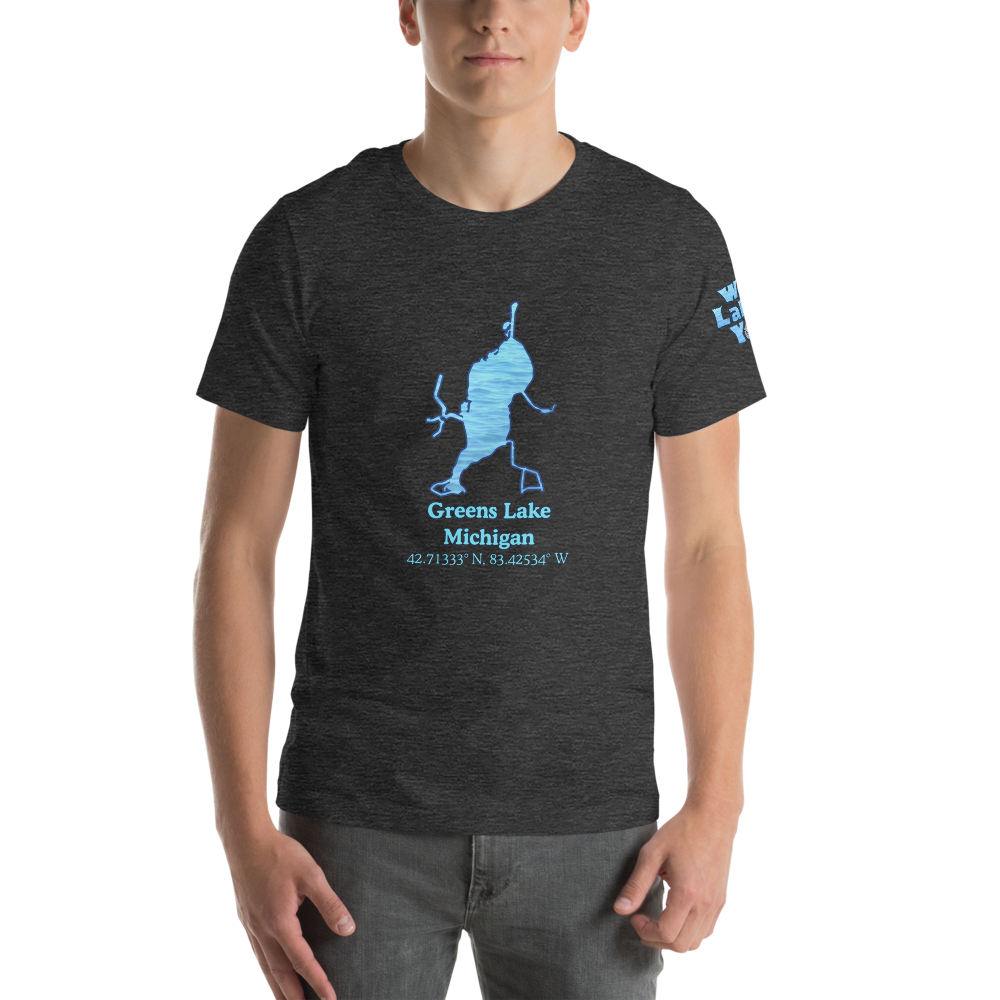 Premium Unisex T-shirt with Greens Lake on front and We Lake You on sleeve