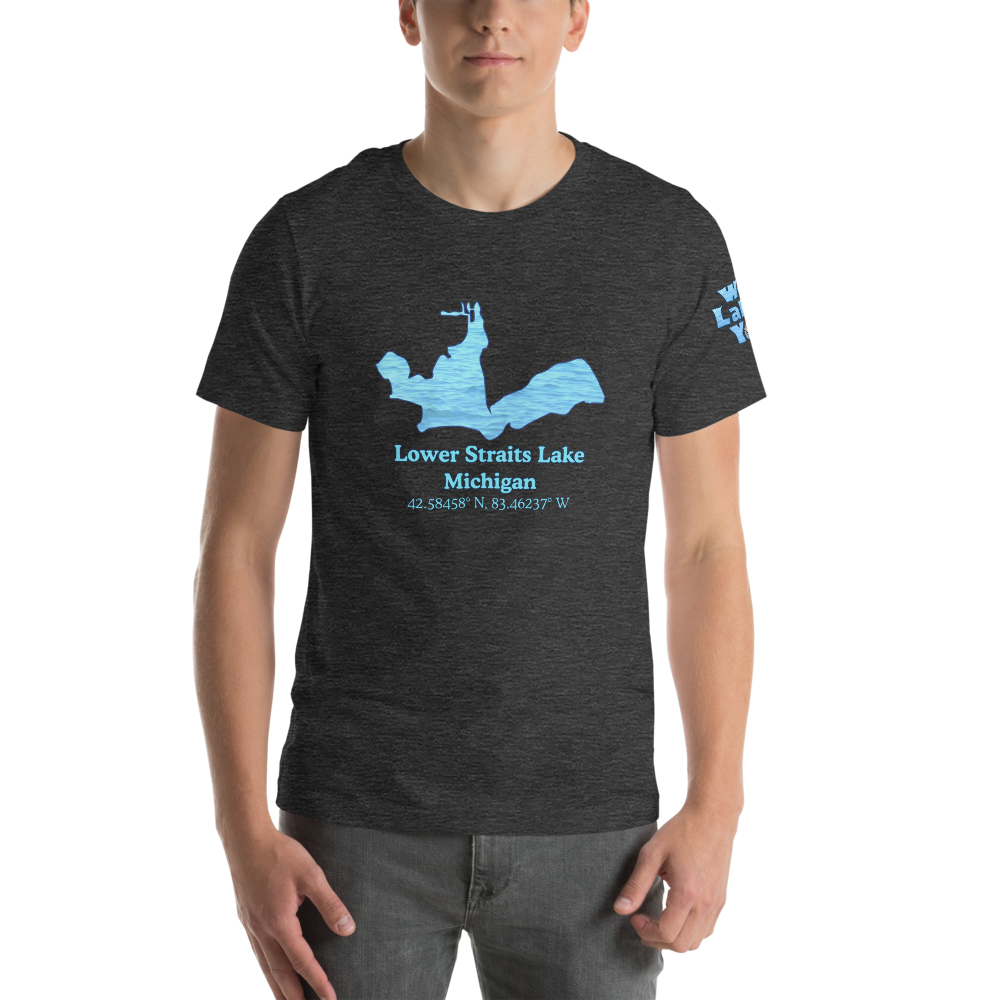 Premium Unisex T-shirt with Lower Straits Lake on front and We Lake You on sleeve