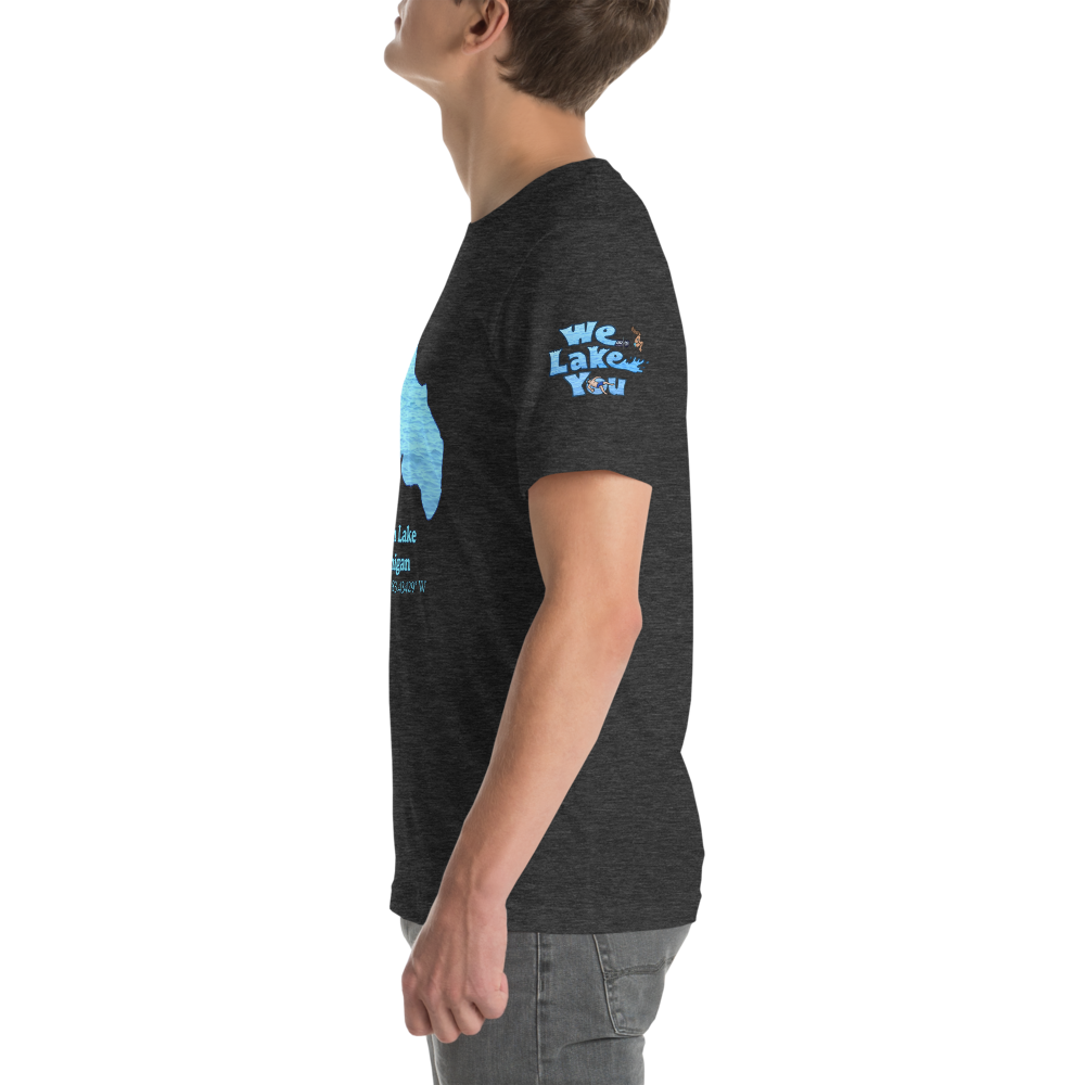 Premium Unisex T-shirt with Union Lake on front and We Lake You on sleeve