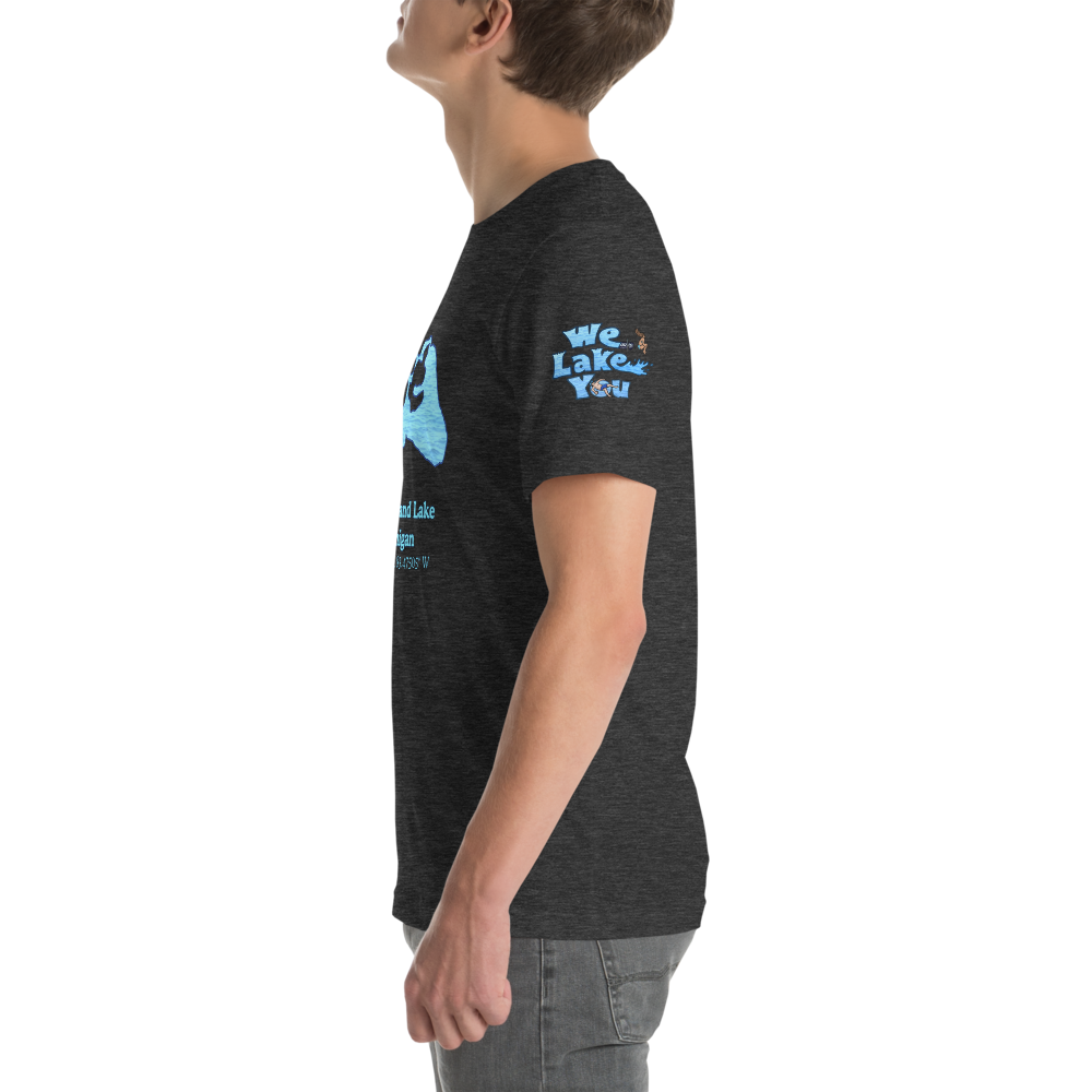 Premium Unisex T-shirt with Cedar Island Lake on front and We Lake You on sleeve