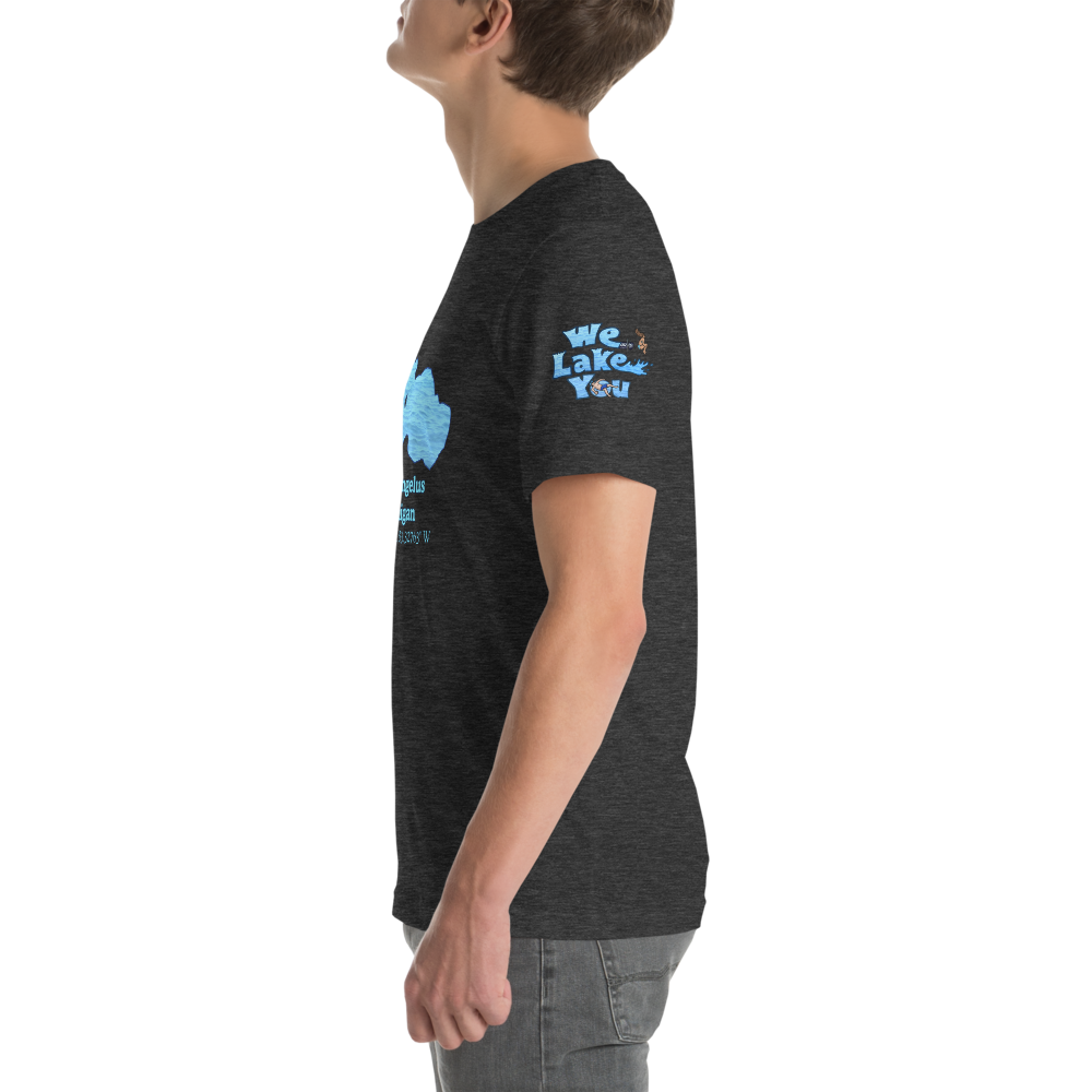 Premium Unisex T-shirt with Lake Angelus on front and We Lake You on sleeve