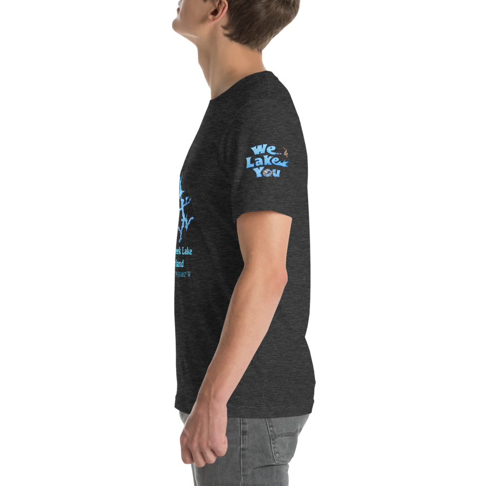 Premium Unisex T-shirt with Deep Creek Lake on front and We Lake You on sleeve