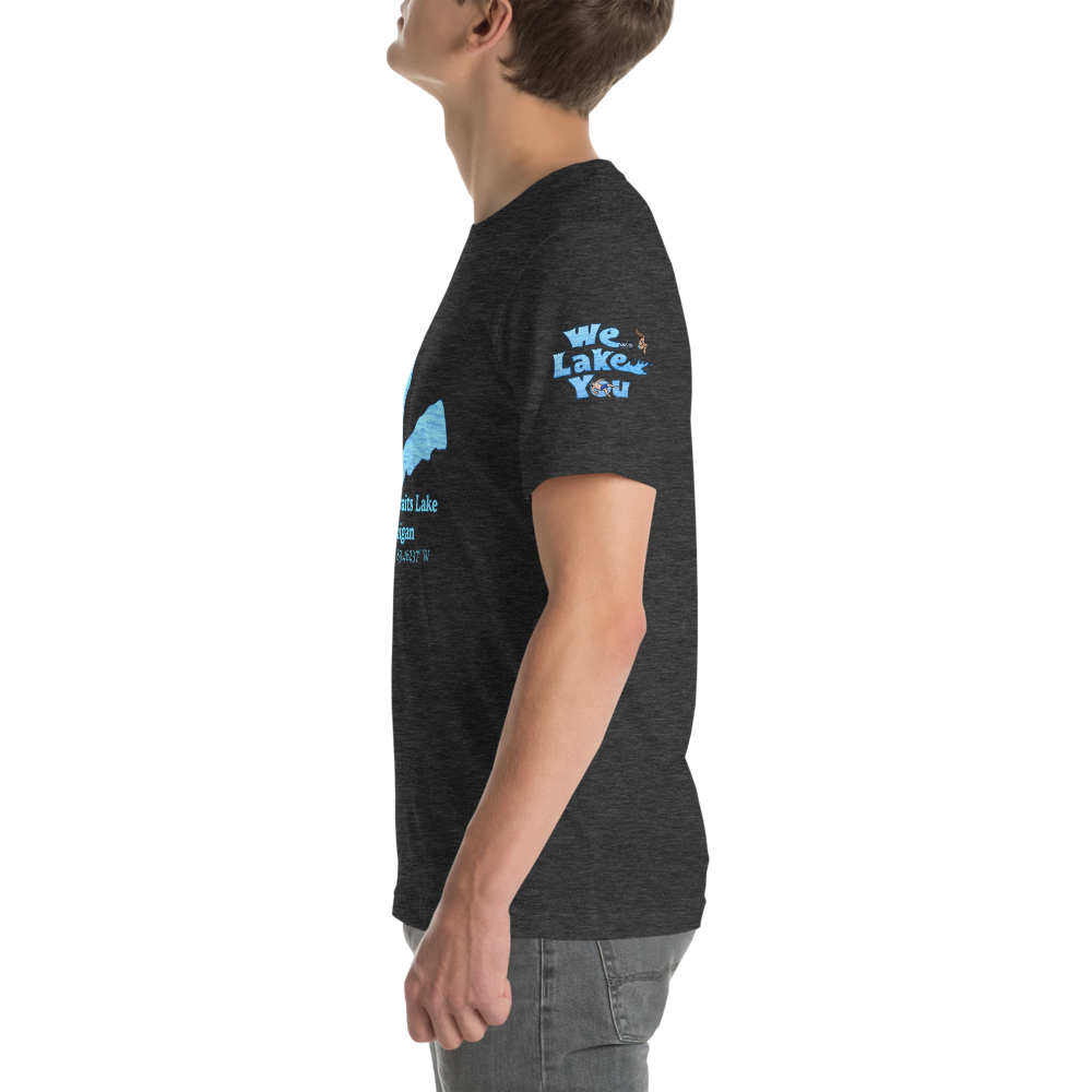 Premium Unisex T-shirt with Lower Straits Lake on front and We Lake You on sleeve