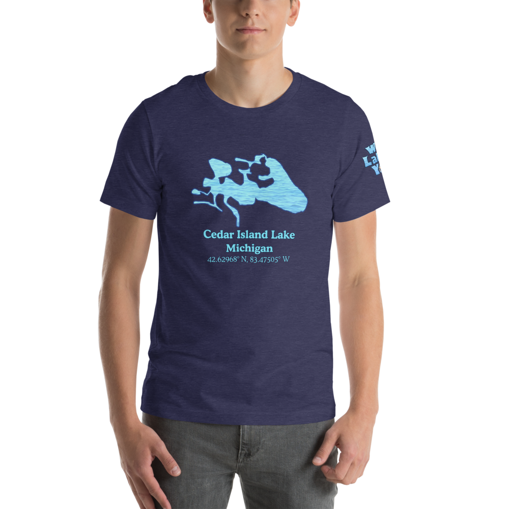 Premium Unisex T-shirt with Cedar Island Lake on front and We Lake You on sleeve