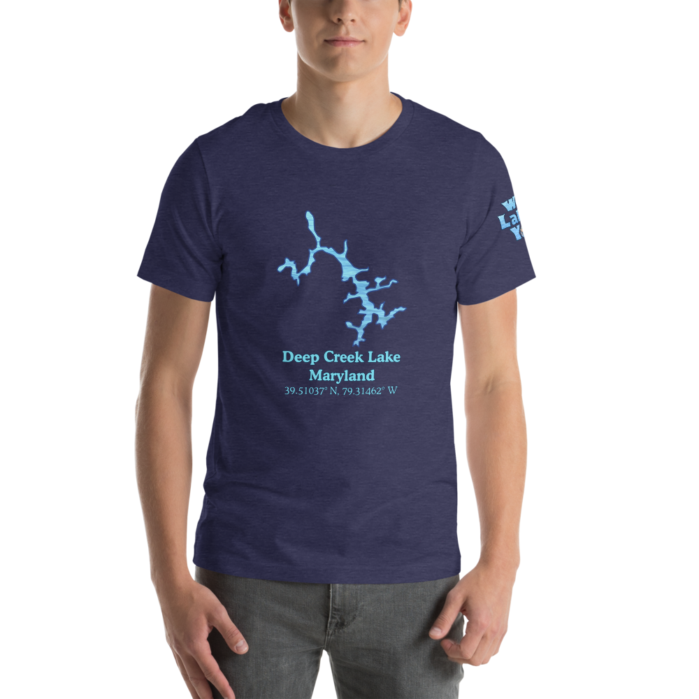 Premium Unisex T-shirt with Deep Creek Lake on front and We Lake You on sleeve