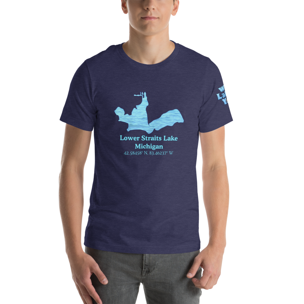 Premium Unisex T-shirt with Lower Straits Lake on front and We Lake You on sleeve