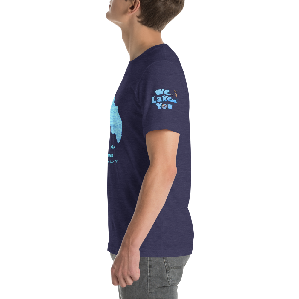 Premium Unisex T-shirt with Union Lake on front and We Lake You on sleeve