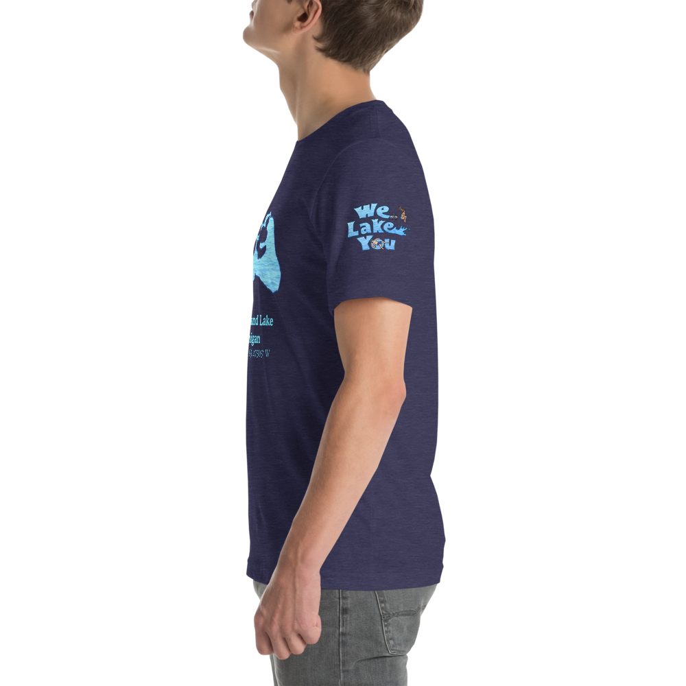 Premium Unisex T-shirt with Cedar Island Lake on front and We Lake You on sleeve