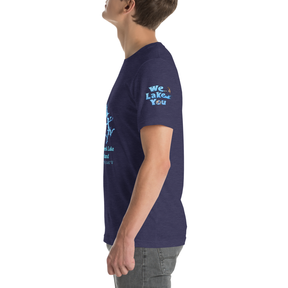 Premium Unisex T-shirt with Deep Creek Lake on front and We Lake You on sleeve