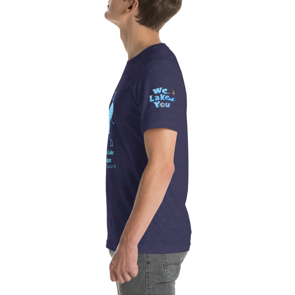 Premium Unisex T-shirt with Greens Lake on front and We Lake You on sleeve