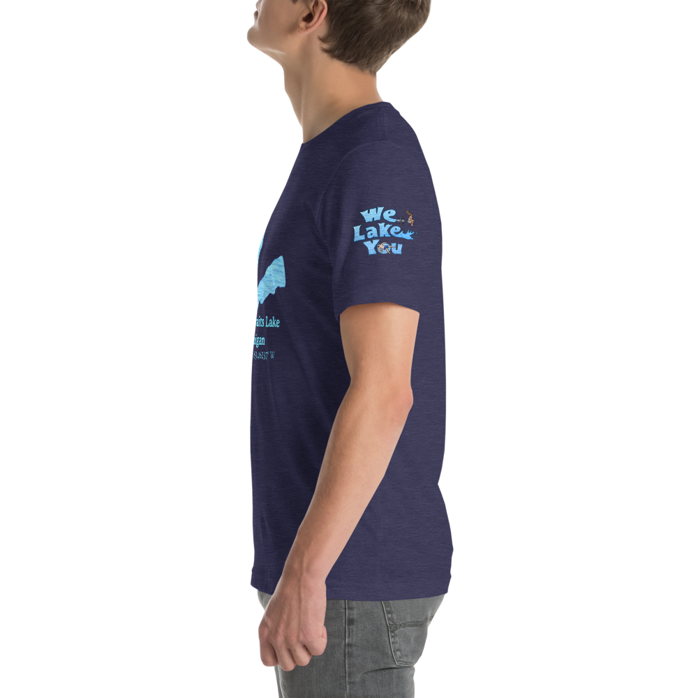 Premium Unisex T-shirt with Lower Straits Lake on front and We Lake You on sleeve